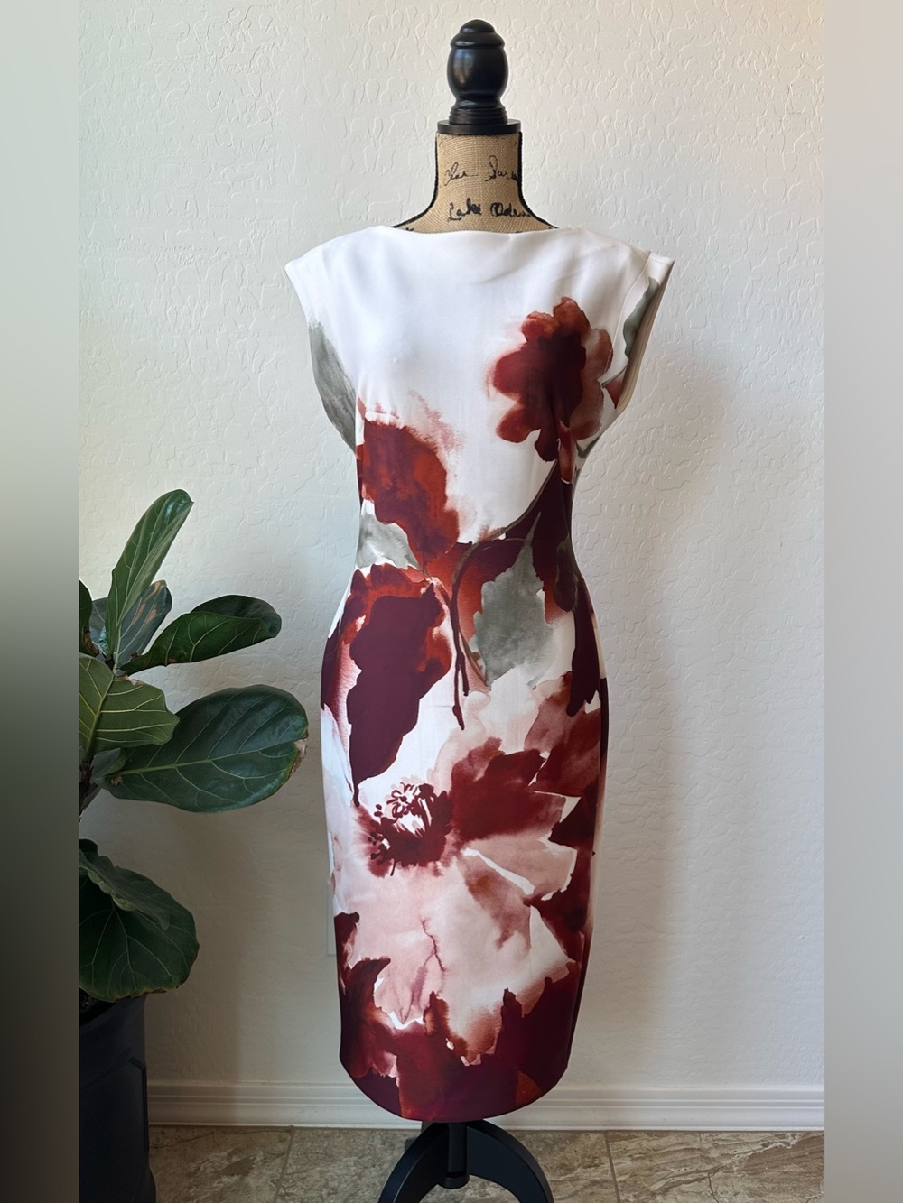 Donna Karan New York White Sheath Dress with Burgundy Floral Print